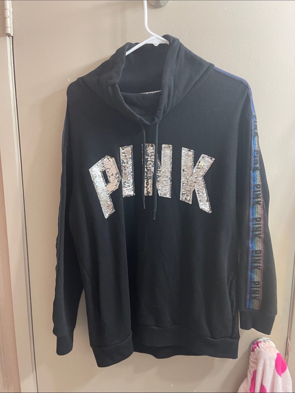 PINK Victoria's Secret Black Hoodie with Silver Sequin Logo